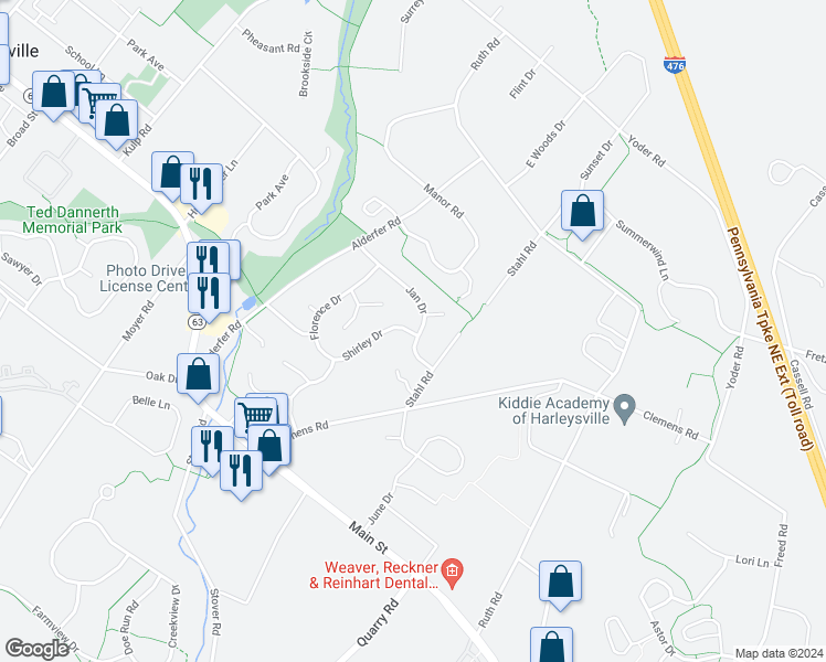 map of restaurants, bars, coffee shops, grocery stores, and more near 246 Jan Drive in Harleysville