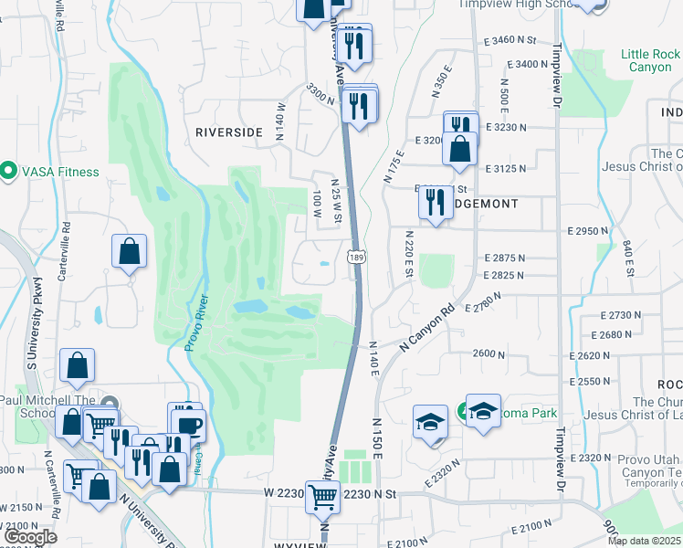 map of restaurants, bars, coffee shops, grocery stores, and more near 2823 North Marrcrest East Street in Provo