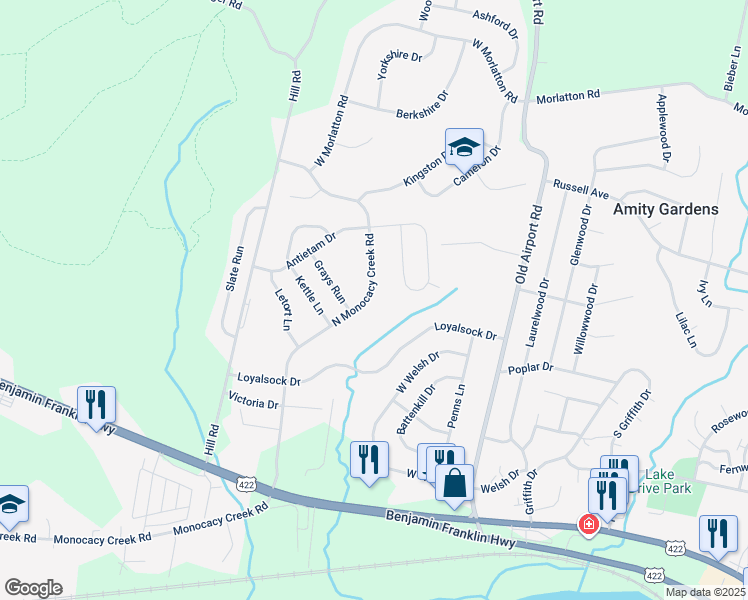 map of restaurants, bars, coffee shops, grocery stores, and more near 704 North Monocacy Creek Road in Douglassville
