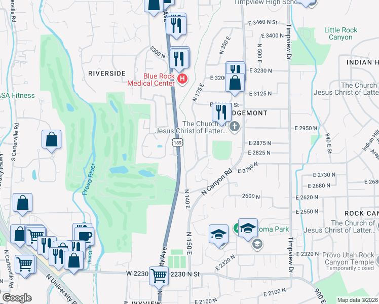 map of restaurants, bars, coffee shops, grocery stores, and more near 2880 North 175 East in Provo