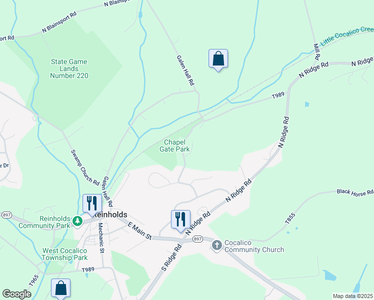 map of restaurants, bars, coffee shops, grocery stores, and more near 38 Highland Court in Reinholds