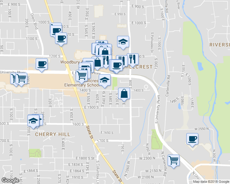 map of restaurants, bars, coffee shops, grocery stores, and more near 710 1400 South in Orem