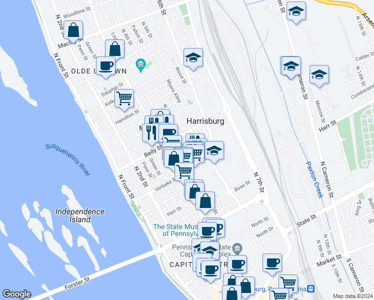 map of restaurants, bars, coffee shops, grocery stores, and more near North 4th Street & Calder Street in Harrisburg