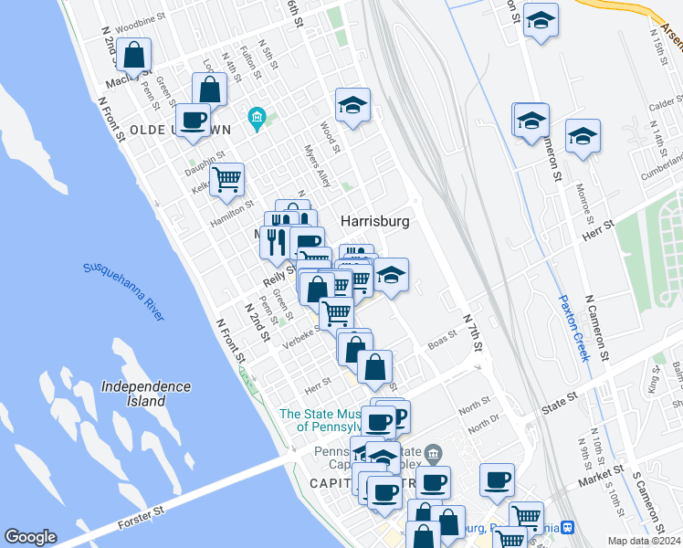 map of restaurants, bars, coffee shops, grocery stores, and more near Calder St & N 4th St in Harrisburg