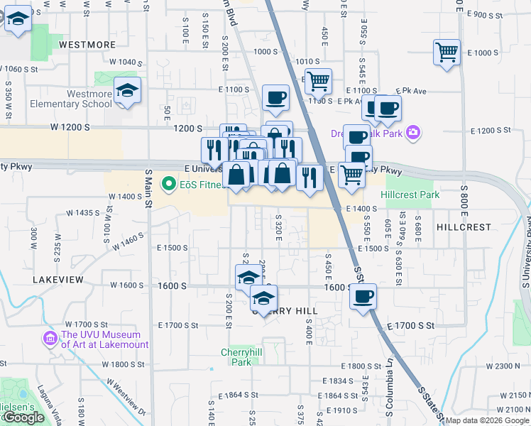 map of restaurants, bars, coffee shops, grocery stores, and more near 232 East University Parkway in Orem