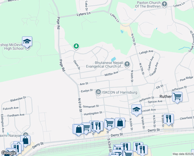 map of restaurants, bars, coffee shops, grocery stores, and more near 6195 Chatham Glenn Way in Harrisburg