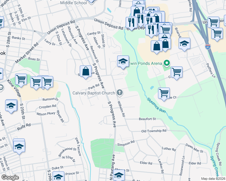 map of restaurants, bars, coffee shops, grocery stores, and more near 808 Wilhelm Road in Harrisburg