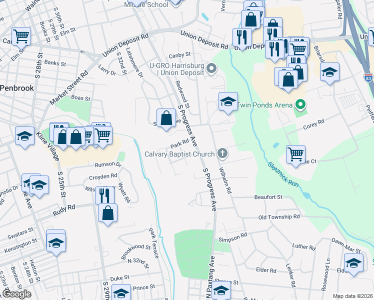 map of restaurants, bars, coffee shops, grocery stores, and more near 815 South Progress Avenue in Harrisburg