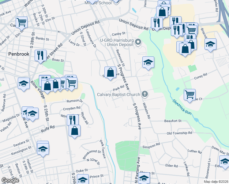 map of restaurants, bars, coffee shops, grocery stores, and more near 3156 Park Road in Harrisburg