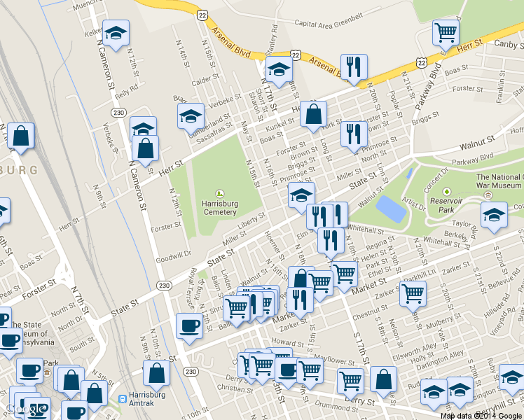 map of restaurants, bars, coffee shops, grocery stores, and more near 618 North 16th Street in Harrisburg