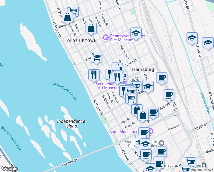 map of restaurants, bars, coffee shops, grocery stores, and more near 1514 Susquehanna Street in Harrisburg