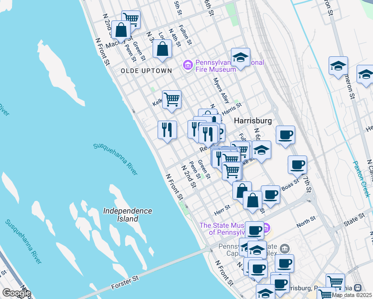 map of restaurants, bars, coffee shops, grocery stores, and more near 211 Harris Street in Harrisburg