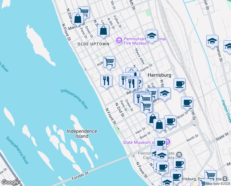 map of restaurants, bars, coffee shops, grocery stores, and more near 211 Harris Street in Harrisburg