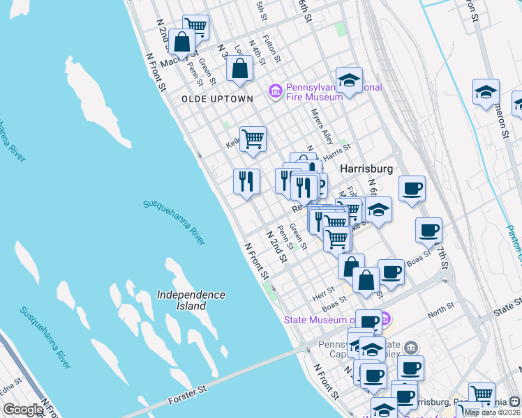 map of restaurants, bars, coffee shops, grocery stores, and more near 211 Harris Street in Harrisburg