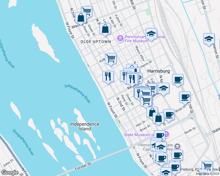 map of restaurants, bars, coffee shops, grocery stores, and more near 1612 North 2nd Street in Harrisburg
