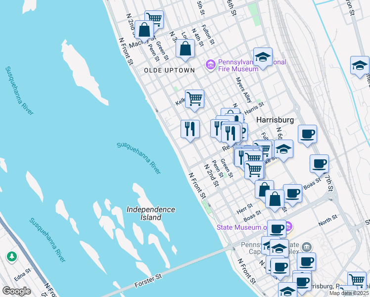 map of restaurants, bars, coffee shops, grocery stores, and more near 1612 North 2nd Street in Harrisburg