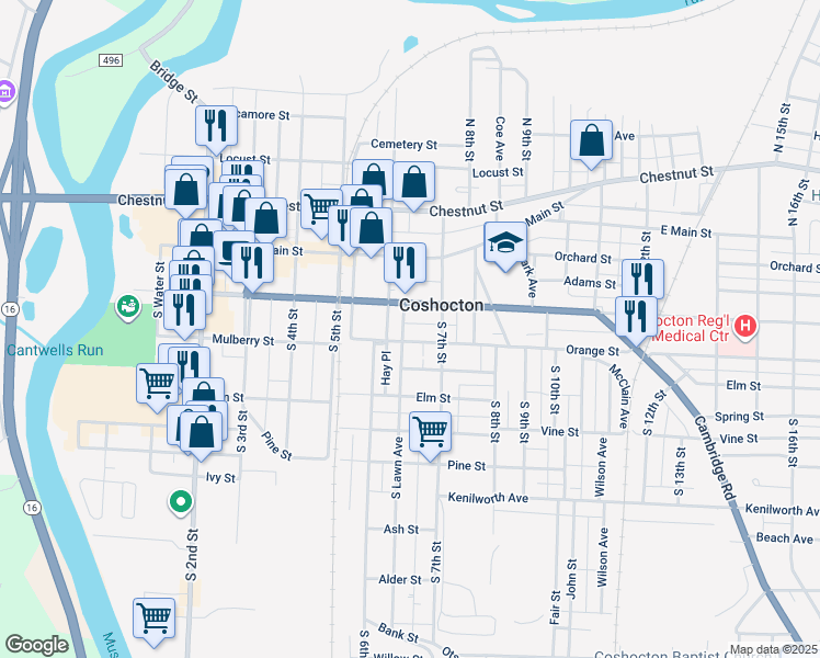 map of restaurants, bars, coffee shops, grocery stores, and more near 616 Walnut Street in Coshocton