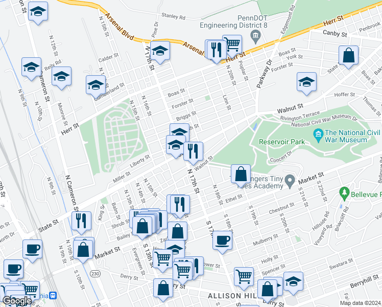map of restaurants, bars, coffee shops, grocery stores, and more near 1713 State Street in Harrisburg