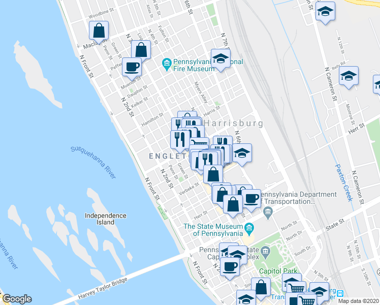 map of restaurants, bars, coffee shops, grocery stores, and more near 324 Reily Street in Harrisburg