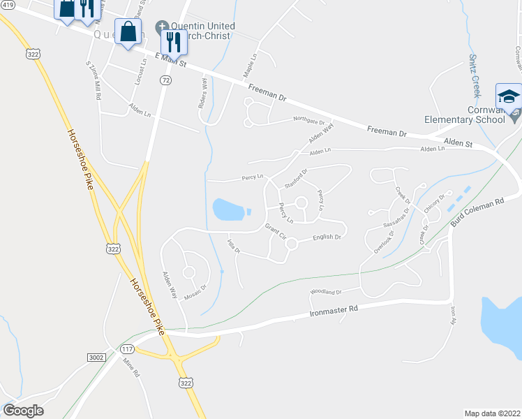 map of restaurants, bars, coffee shops, grocery stores, and more near 1028 Alden Way in Lebanon