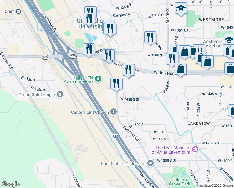 map of restaurants, bars, coffee shops, grocery stores, and more near 1401 Sandhill Road in Orem