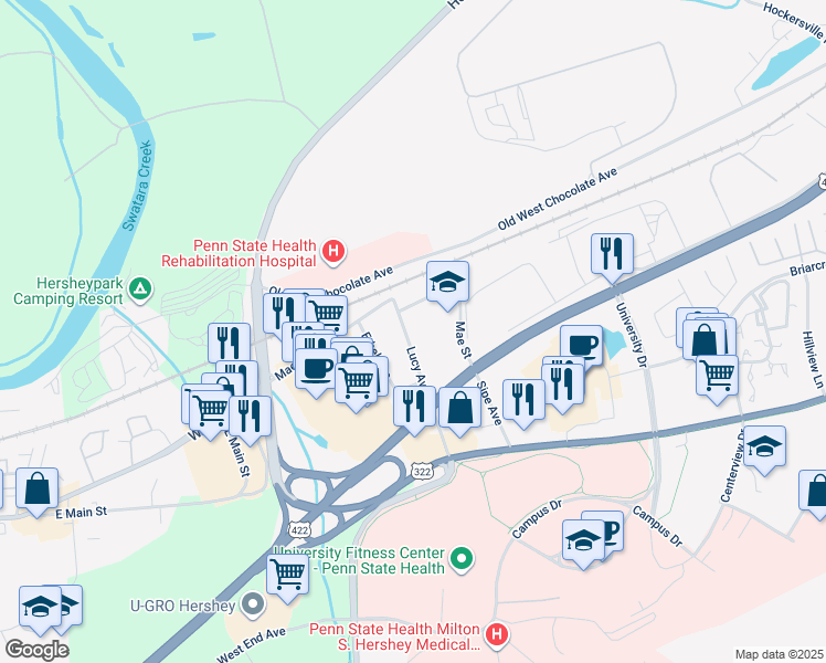 map of restaurants, bars, coffee shops, grocery stores, and more near 951 Sipe Avenue in Hummelstown