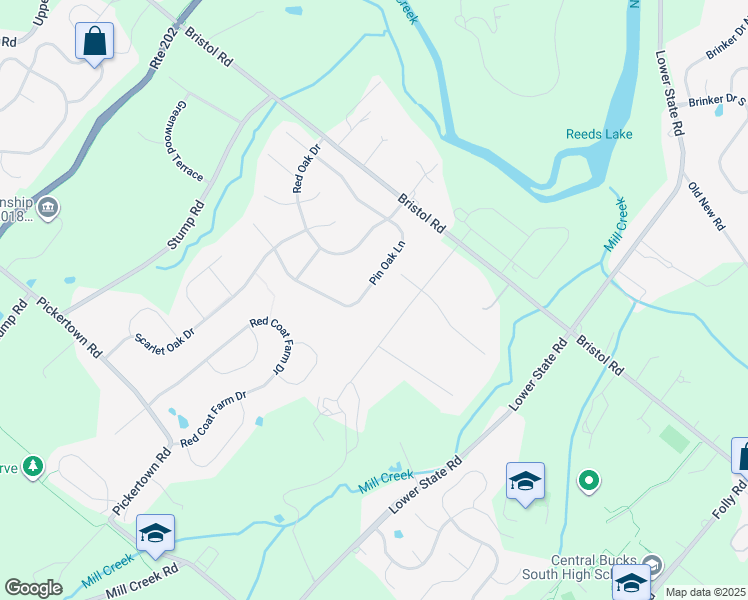 map of restaurants, bars, coffee shops, grocery stores, and more near 3425 Pin Oak Lane in Chalfont