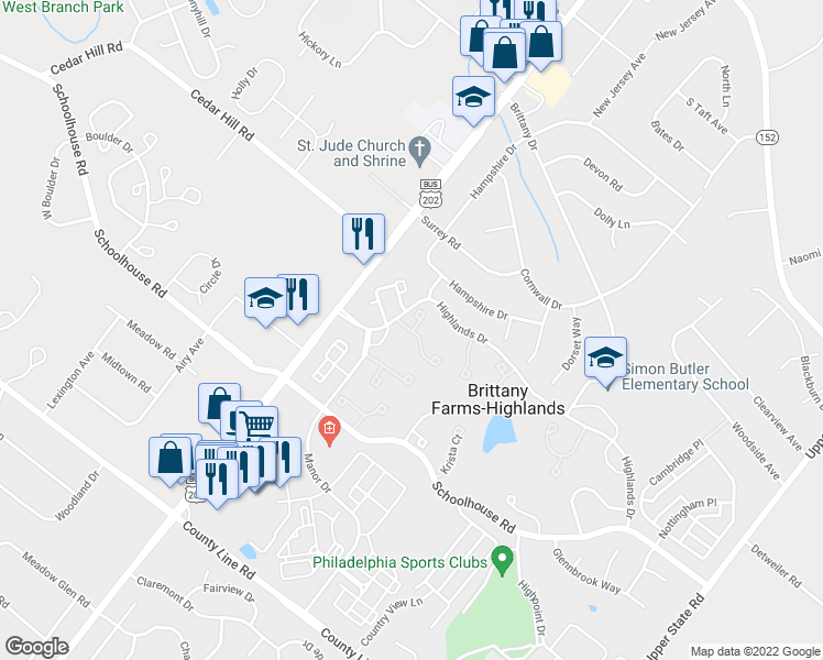 map of restaurants, bars, coffee shops, grocery stores, and more near 12 Edinboro Circle in Chalfont