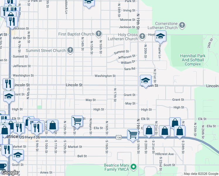 map of restaurants, bars, coffee shops, grocery stores, and more near 1608 Lincoln Street in Beatrice
