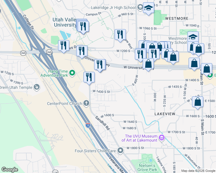 map of restaurants, bars, coffee shops, grocery stores, and more near 1401 Sandhill Road in Orem