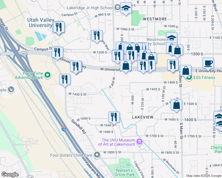 map of restaurants, bars, coffee shops, grocery stores, and more near 1380 South 400 West in Orem