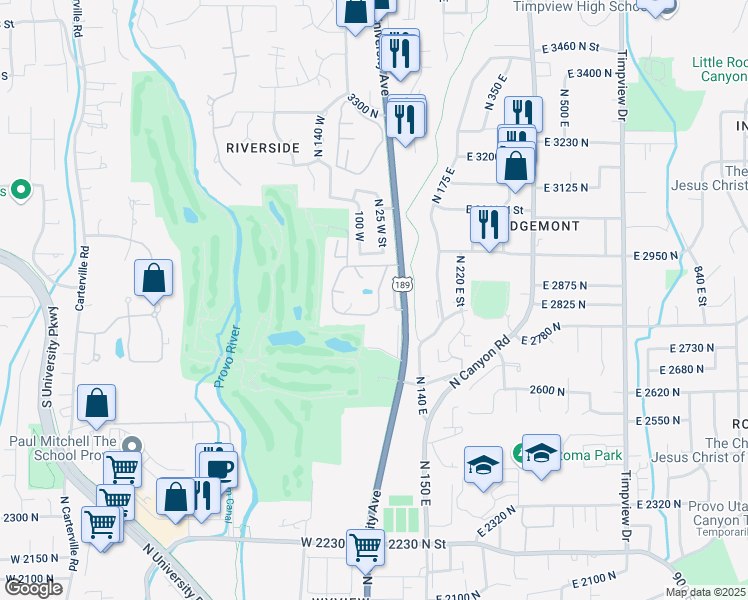 map of restaurants, bars, coffee shops, grocery stores, and more near 2823 North Marrcrest East in Provo
