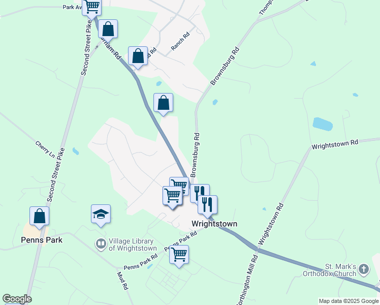map of restaurants, bars, coffee shops, grocery stores, and more near 54 Brownsburg Road in Newtown
