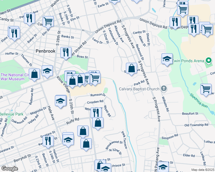 map of restaurants, bars, coffee shops, grocery stores, and more near 3012 Meadowlark Lane in Harrisburg