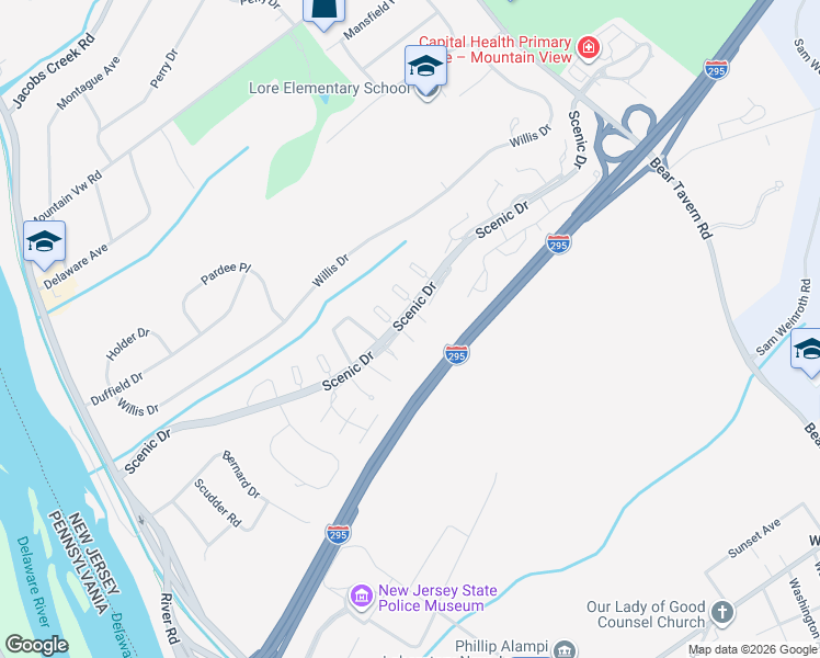 map of restaurants, bars, coffee shops, grocery stores, and more near 2201 Scenic Drive in Ewing Township