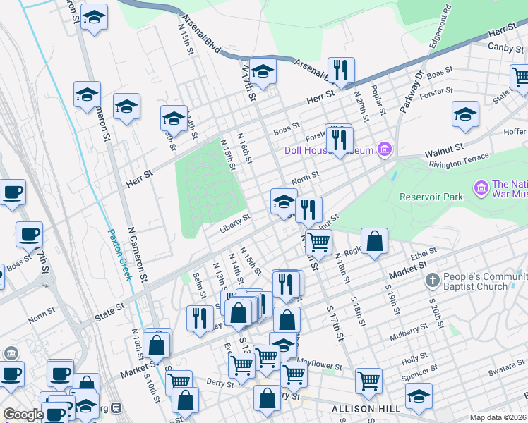 map of restaurants, bars, coffee shops, grocery stores, and more near 618 North 16th Street in Harrisburg