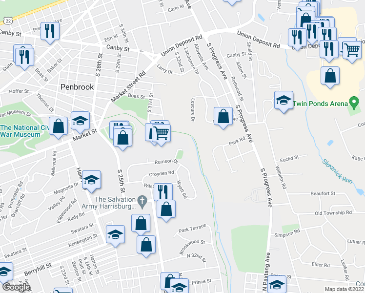 map of restaurants, bars, coffee shops, grocery stores, and more near 3012 Meadowlark Lane in Harrisburg
