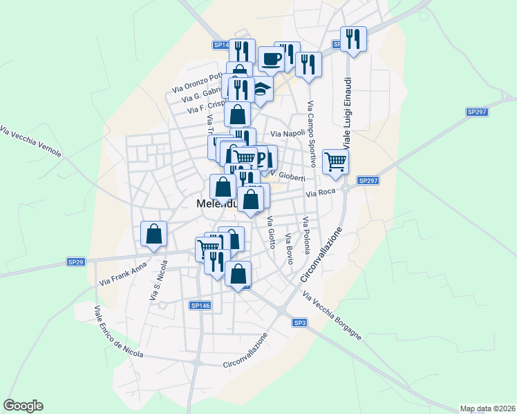 map of restaurants, bars, coffee shops, grocery stores, and more near 15 Piazza Martin Luter King in Melendugno