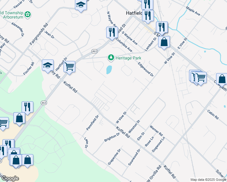 map of restaurants, bars, coffee shops, grocery stores, and more near 109 Hickory Drive in Hatfield