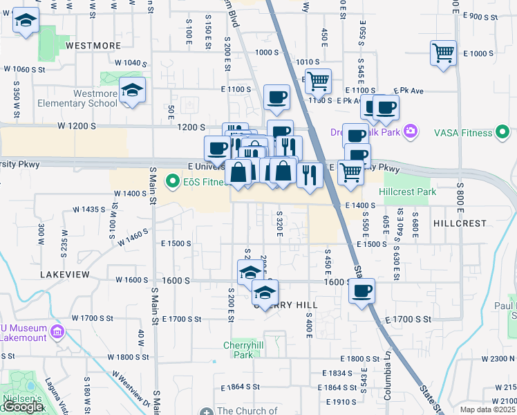 map of restaurants, bars, coffee shops, grocery stores, and more near 230 East University Parkway in Orem