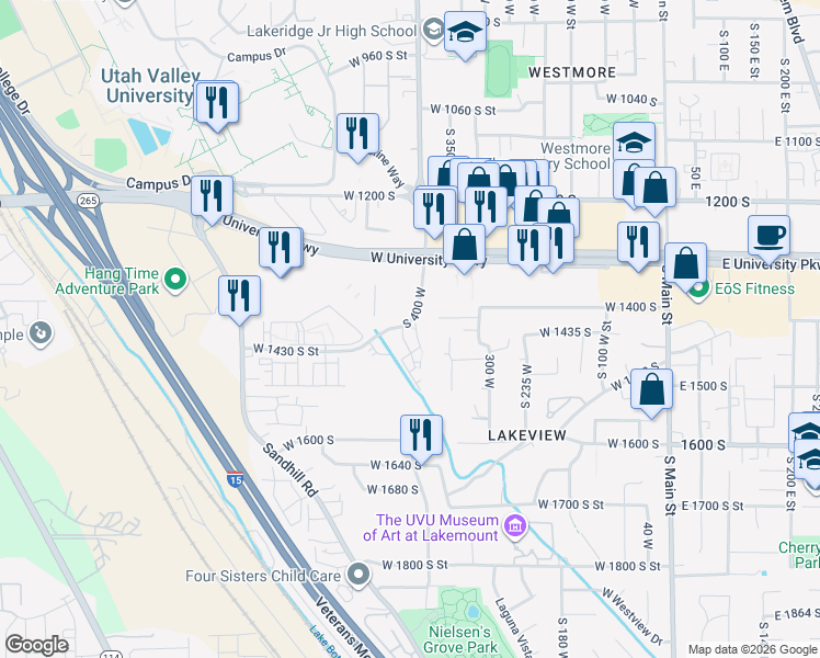 map of restaurants, bars, coffee shops, grocery stores, and more near 1380 South 400 West in Orem