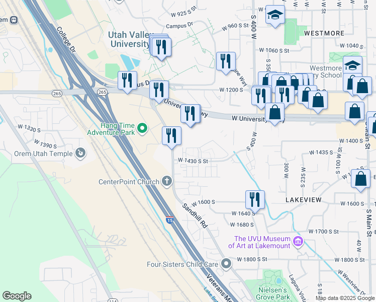 map of restaurants, bars, coffee shops, grocery stores, and more near 1355 Sandhill Road in Orem