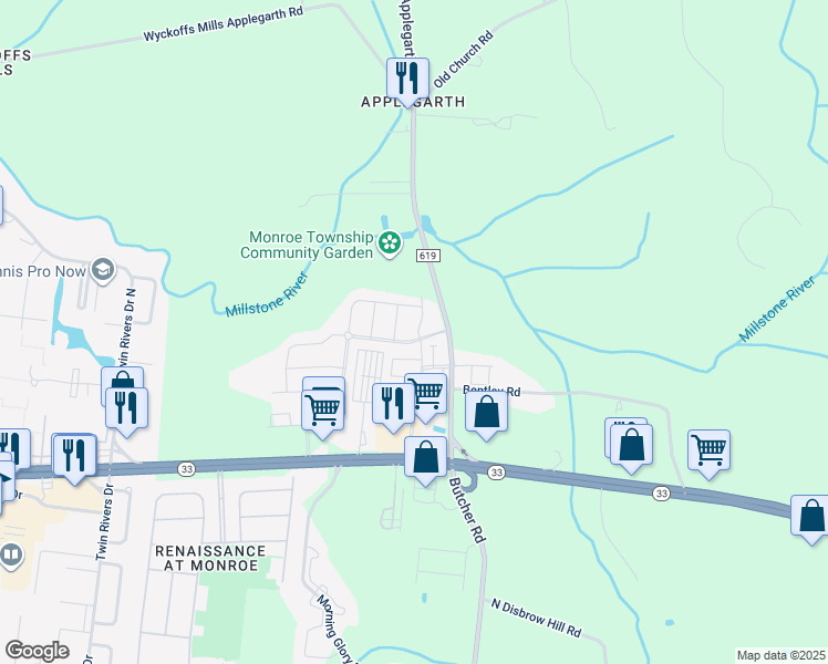 map of restaurants, bars, coffee shops, grocery stores, and more near 16 Woodrose Lane in Monroe Township