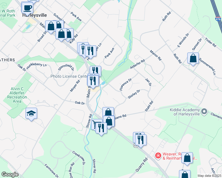 map of restaurants, bars, coffee shops, grocery stores, and more near 298 Alderfer Road in Harleysville