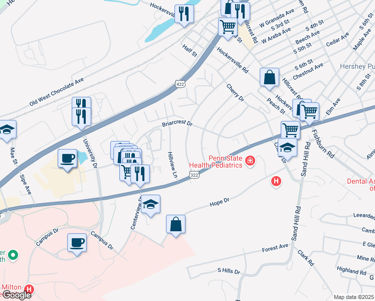 map of restaurants, bars, coffee shops, grocery stores, and more near 1038 West Areba Avenue in Hershey