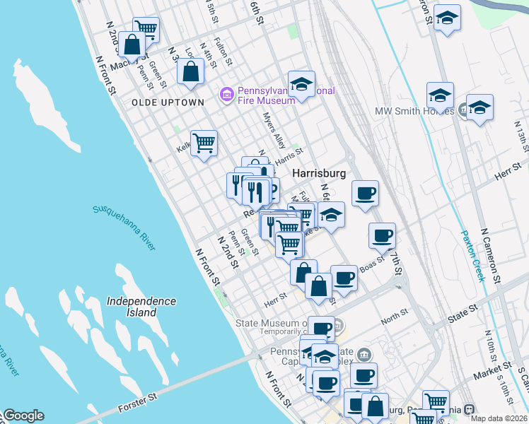 map of restaurants, bars, coffee shops, grocery stores, and more near in Harrisburg