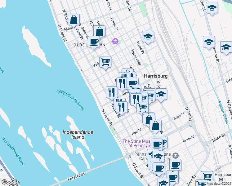 map of restaurants, bars, coffee shops, grocery stores, and more near 1514 Susquehanna Street in Harrisburg