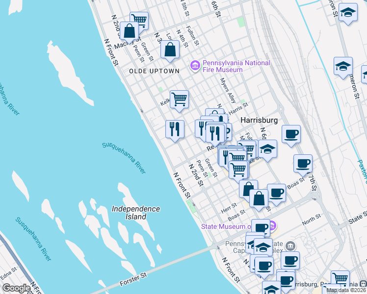 map of restaurants, bars, coffee shops, grocery stores, and more near 211 Harris Street in Harrisburg