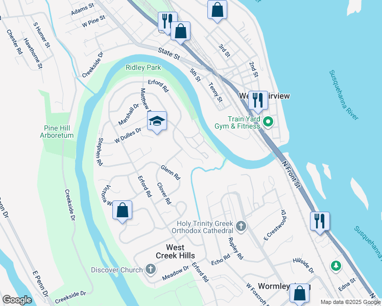 map of restaurants, bars, coffee shops, grocery stores, and more near 831 Erford Road in Camp Hill