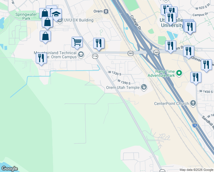 map of restaurants, bars, coffee shops, grocery stores, and more near 1388 South 1220 West in Orem